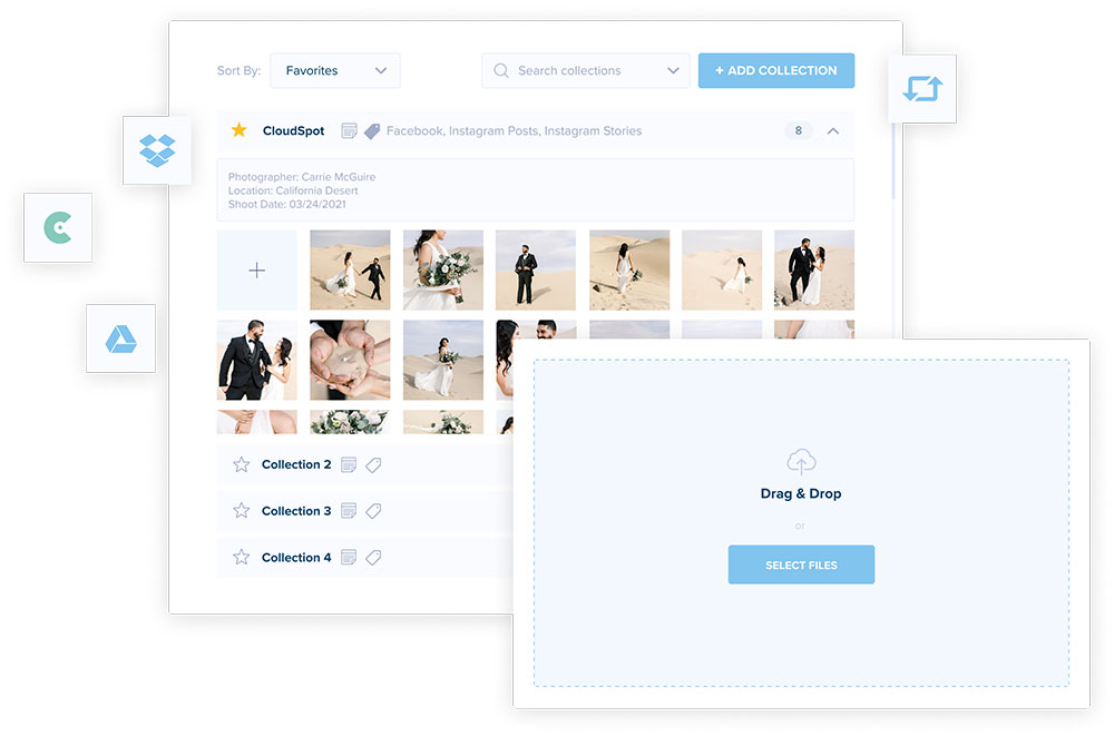 User interface for a photo management tool showing a grid of wedding photos with options to sort by favorites, add collections, and drag and drop files. Cloud storage service icons are visible on the left, ideal for use with a social media scheduler. | plannthat.com