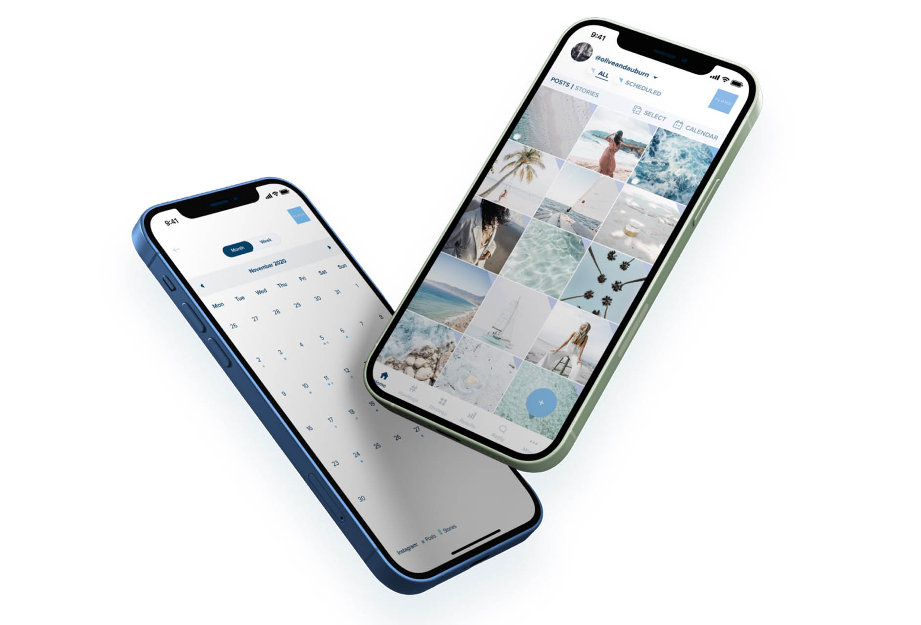 Two smartphones displaying a calendar app and a social media profile with photos, showcasing scheduling and image management features, emphasizing usability and interface design | plannthat.com Two smartphones displaying a calendar app and a social media profile with photos, showcasing scheduling and image management features, emphasizing usability and interface design | plannthat.com