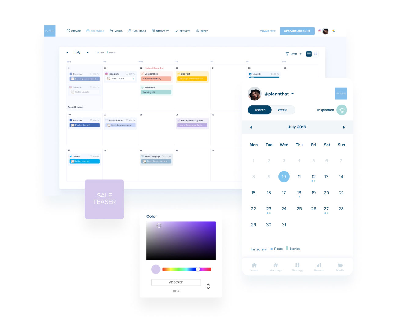 A digital calendar and planning tool interface showing a monthly view, color picker, and date-specific tasks, including social media scheduling, content strategy, and an upgrade account option | plannthat.com