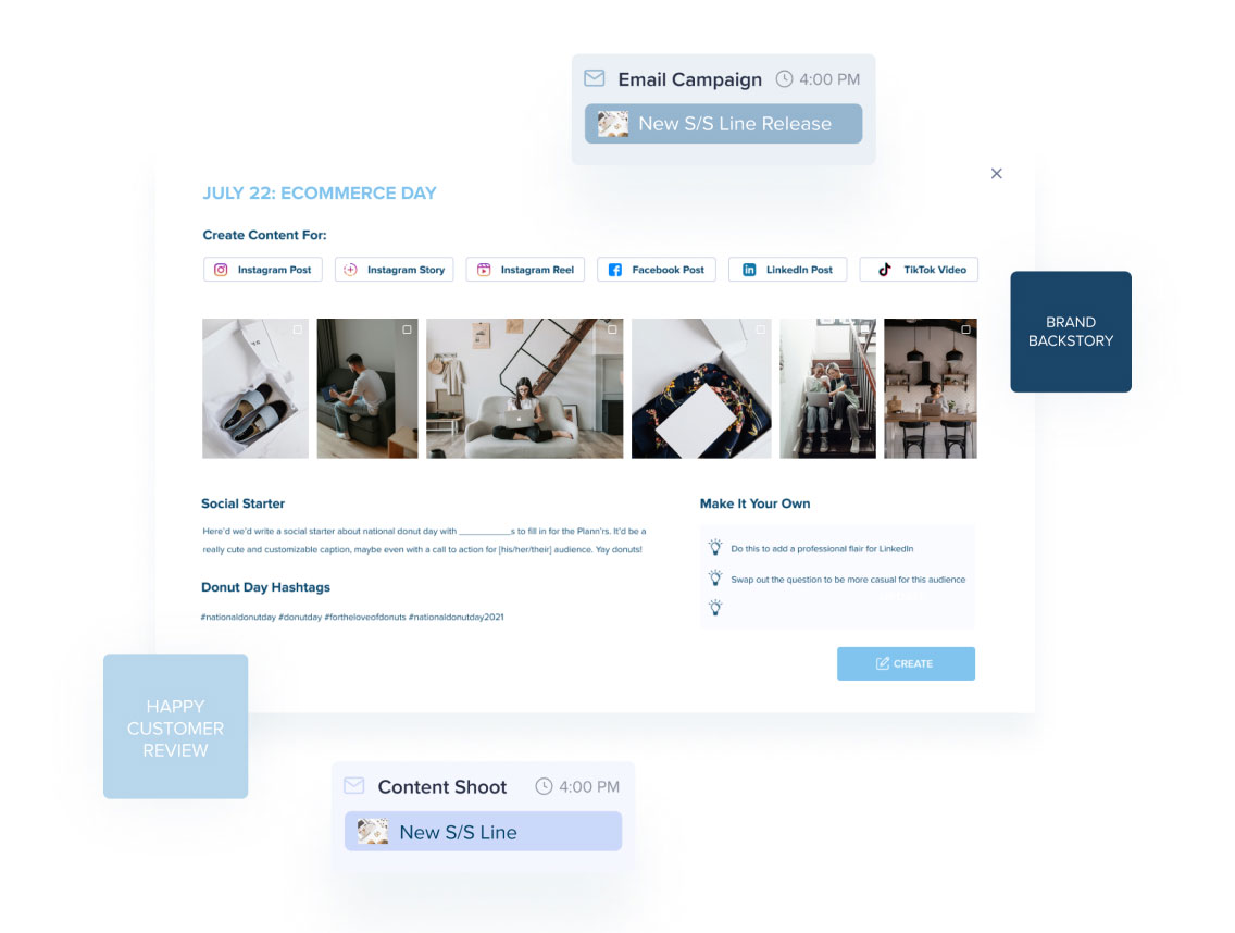E-commerce content creation dashboard for social media posts with image previews, hashtags, and customization options. Includes reminders for email campaigns, content shoots, and sections labeled "Happy Customer Review" and "Brand Backstory." | plannthat.com