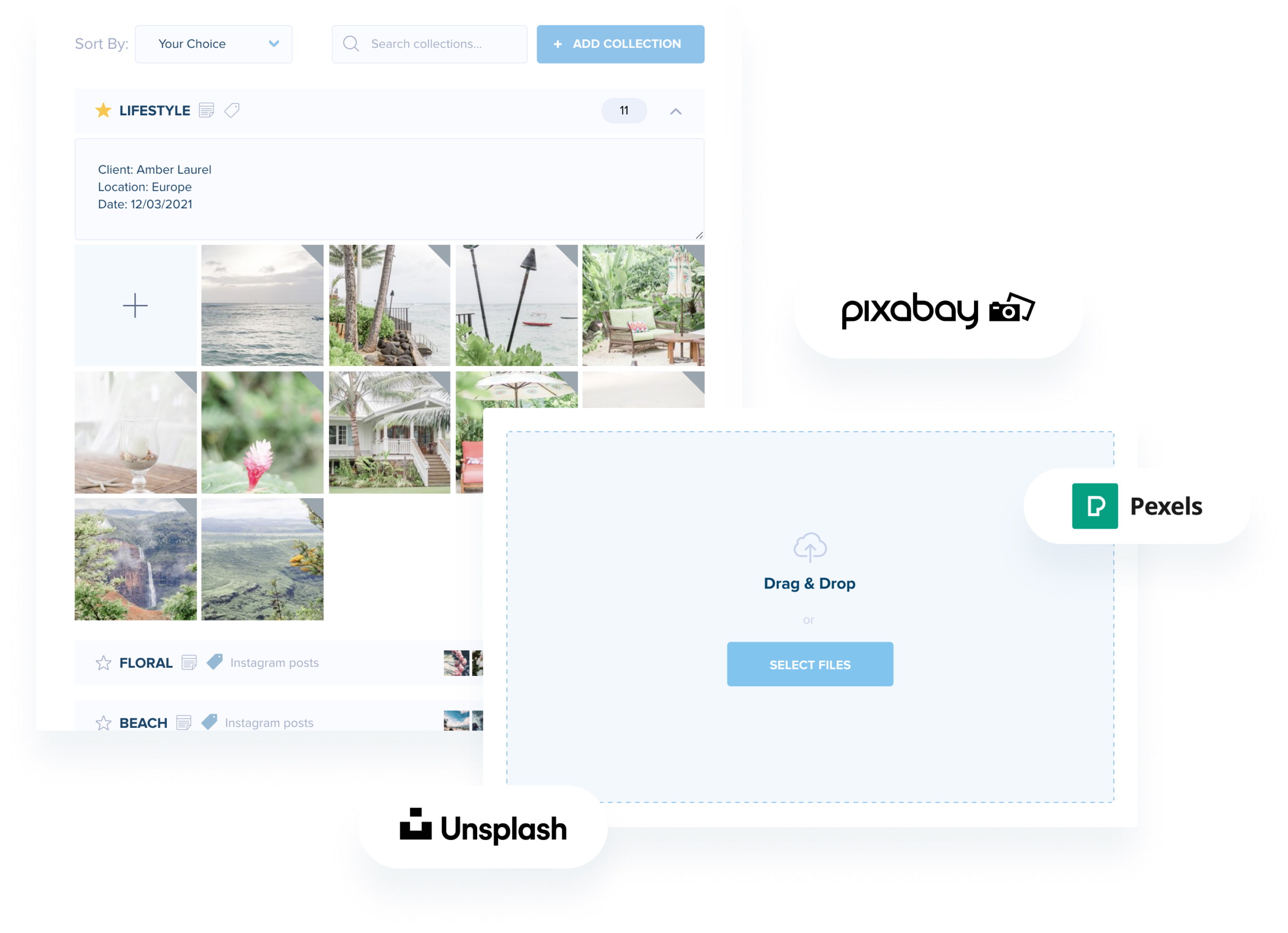 A digital interface displaying a "LIFESTYLE" photo collection with location and date details, featuring image selection, drag and drop upload, and integration with Pixabay, Pexels, and Unsplash, ideal for a social media scheduler | plannthat.com