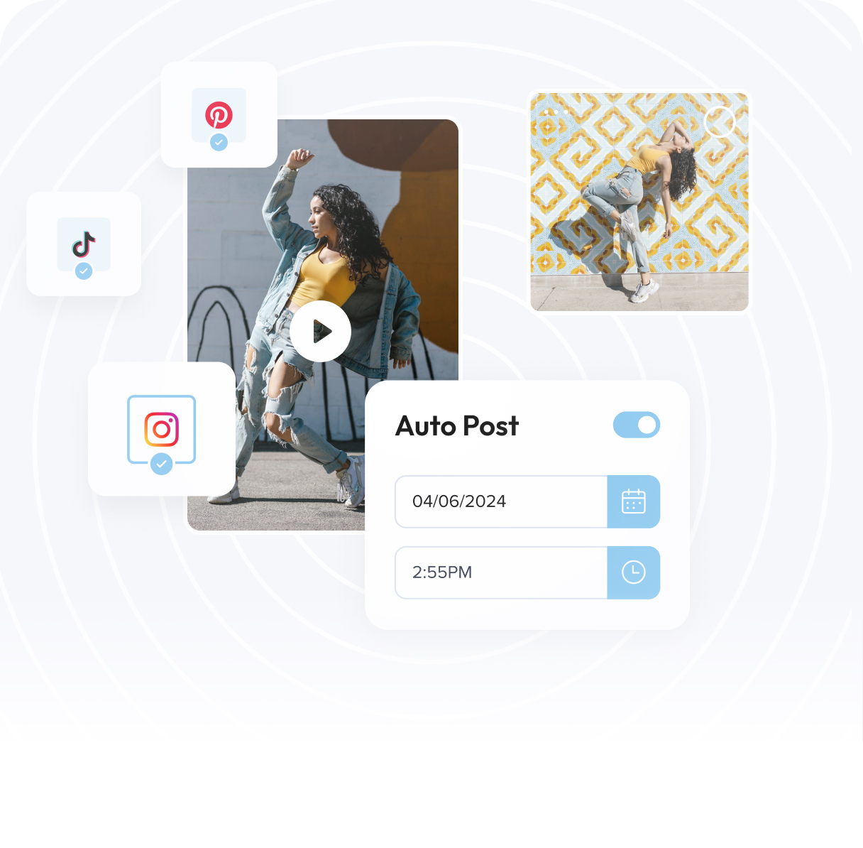 A woman in casual attire dances surrounded by icons for TikTok, Instagram, and Pinterest, with a calendar and clock indicating an auto-post scheduled for 04/06/2024 at 2:55 PM, showcasing a social media scheduler | plannthat.com A woman in casual attire dances surrounded by icons for TikTok, Instagram, and Pinterest, with a calendar and clock indicating an auto-post scheduled for 04/06/2024 at 2:55 PM, showcasing a social media scheduler | plannthat.com