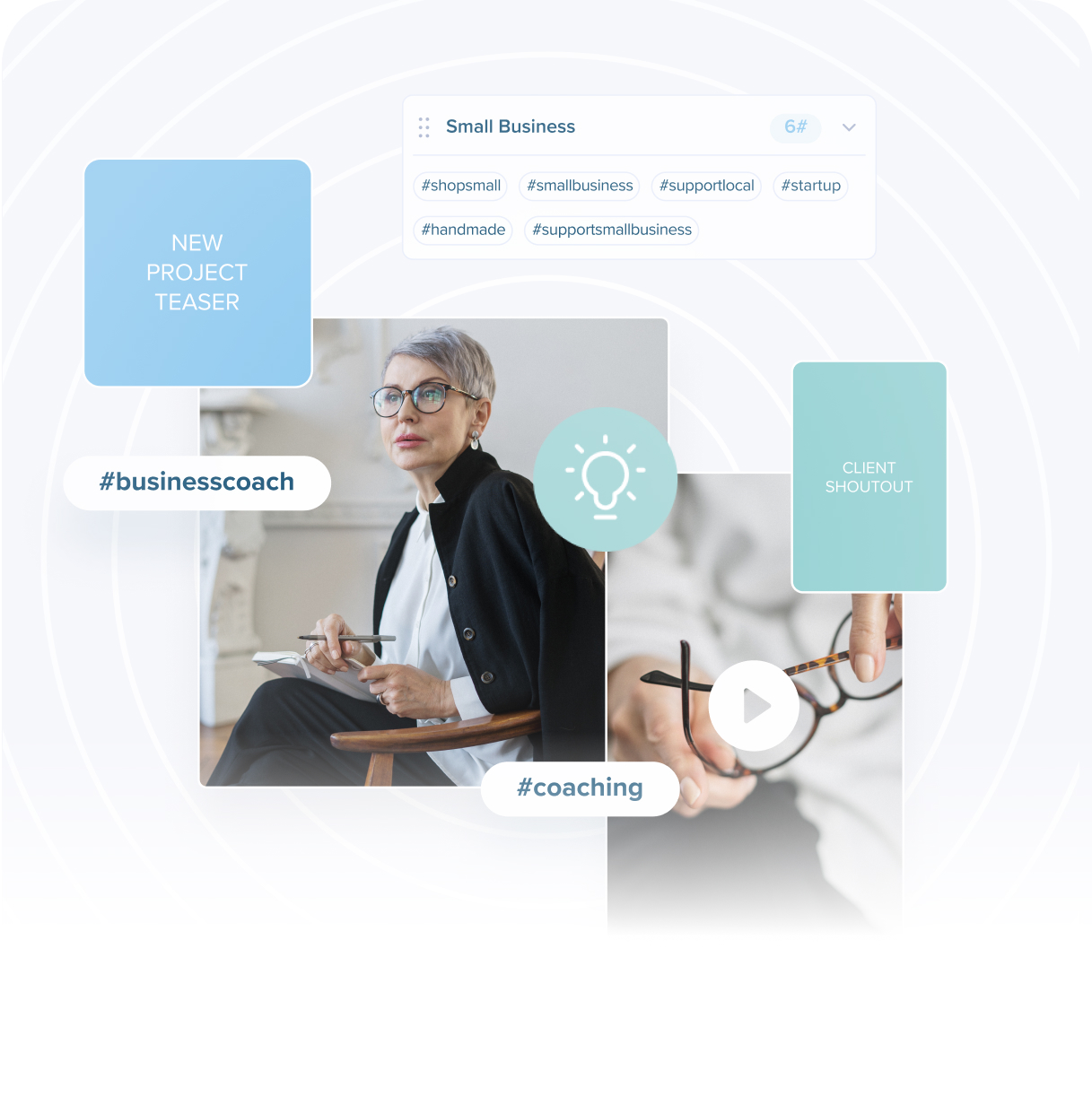 A business coach sits with a notebook, surrounded by tags like #businesscoach, #coaching, and small business hashtags. Elements like "New Project Teaser" and "Client Shoutout" are included in the design, highlighting the use of a social media planner. | plannthat.com A business coach sits with a notebook, surrounded by tags like #businesscoach, #coaching, and small business hashtags. Elements like "New Project Teaser" and "Client Shoutout" are included in the design, highlighting the use of a social media planner. | plannthat.com