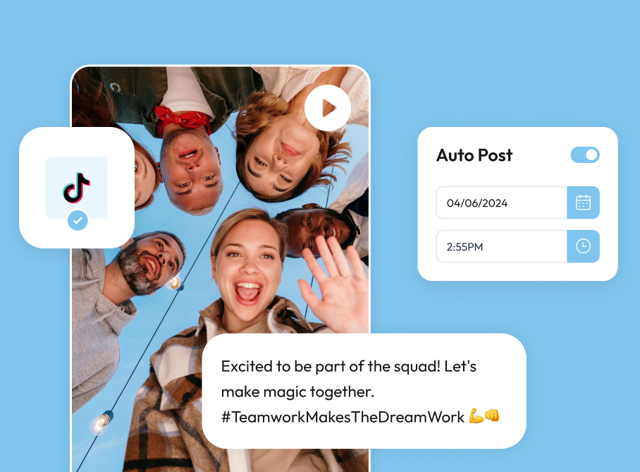 A group of people huddle together, smiling up at the camera with a TikTok icon and an auto post scheduler for April 6, 2024, at 2:55 PM displayed. Text reads: "Excited to be part." | Social media scheduler | plannthat.com A group of people huddle together, smiling up at the camera with a TikTok icon and an auto post scheduler for April 6, 2024, at 2:55 PM displayed. Text reads: "Excited to be part." | Social media scheduler | plannthat.com