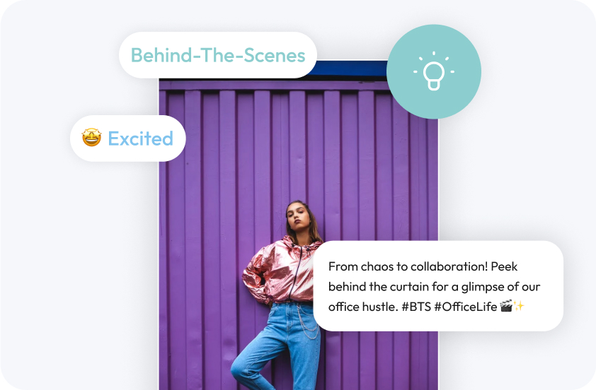 A person stands confidently against a purple wall with text bubbles reading "Behind-The-Scenes" and "Excited." Caption reads: "From chaos to collaboration! Peek behind the curtain for a glimpse of our office hustle. #BTS #Office." | Social media scheduler | plannthat.com A person stands confidently against a purple wall with text bubbles reading "Behind-The-Scenes" and "Excited." Caption reads: "From chaos to collaboration! Peek behind the curtain for a glimpse of our office hustle. #BTS #Office." | Social media scheduler | plannthat.com