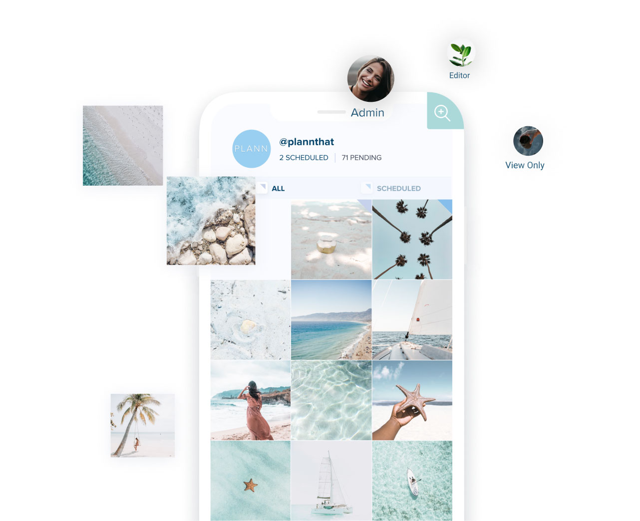 A mobile app interface displaying a grid of beach-themed photos with user roles including Admin, Editor, and View Only. The account @plannthat has 2 scheduled and 71 pending posts, showcasing the functionality of a social media scheduler. | plannthat.com