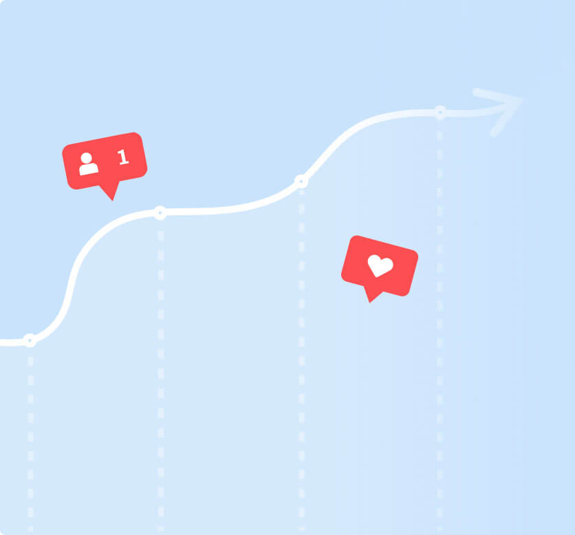 A graph with an upward trend showing social media notifications, including a new follower and a like, represented by red icons, highlighting the effectiveness of a social media scheduler | plannthat.com