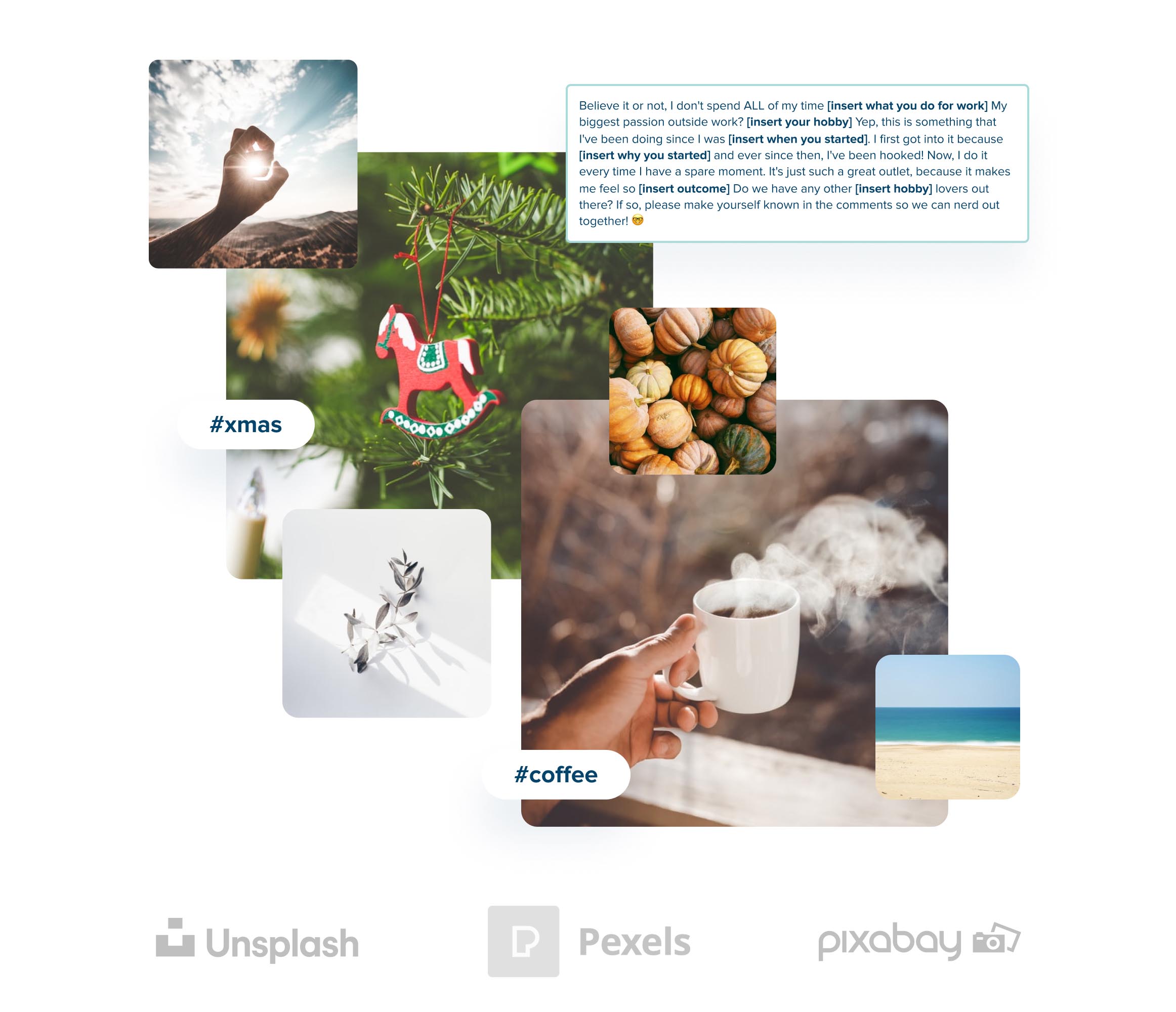 Various photos including a hand holding a coffee cup, Christmas ornaments, a beach scene, and a hand reaching towards the sky, highlighting integrations with Unsplash, Pexels, and Pixabay, emphasizing diverse content and social media hashtags, perfect for a social media planner | plannthat.com