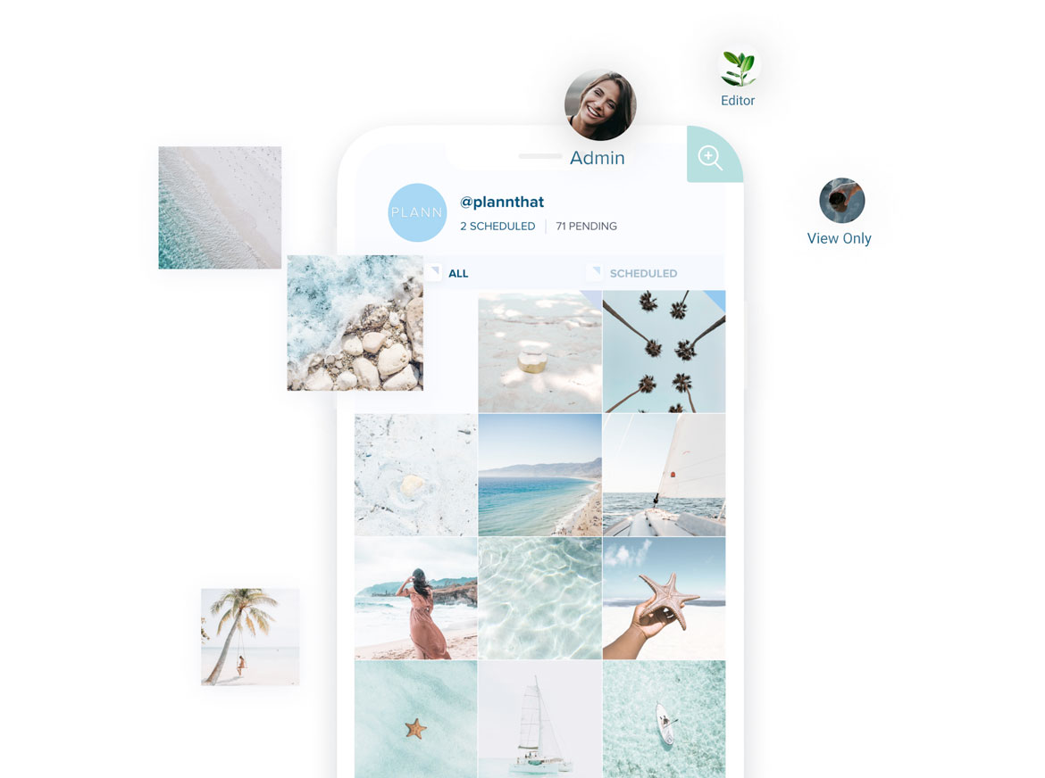 Mobile app interface for scheduling Instagram posts, featuring a grid of beach-themed photos, user roles (Admin, Editor, View Only), and account details. Users can manage and schedule content visually using this Instagram scheduler. | plannthat.com