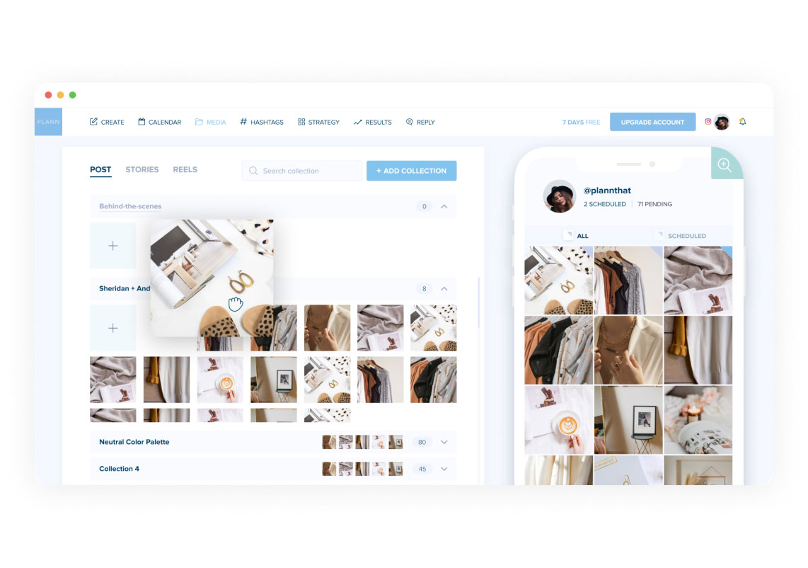A screenshot of the Plann app interface displaying media collections. The left side shows various image collections, while the right side features a mobile view with scheduled posts. The interface includes options for creating, scheduling, and managing social media content, making it an effective social media scheduler. | plannthat.com