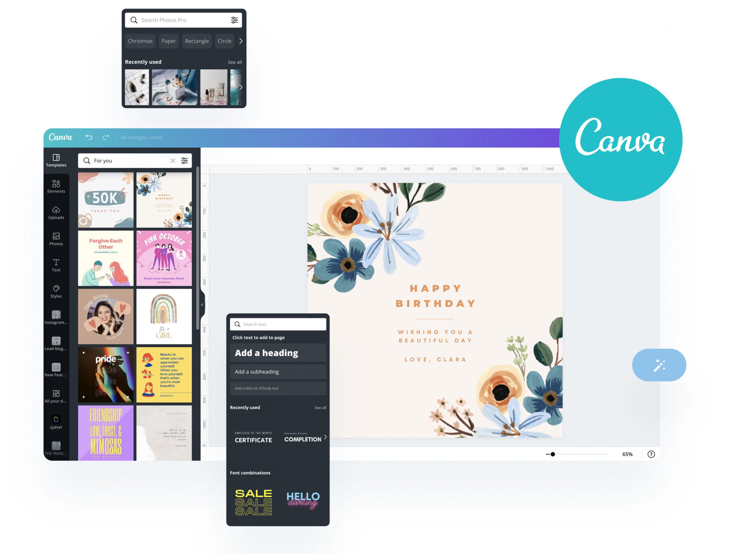 Canva design interface showing a floral "Happy Birthday" card template with a sidebar displaying various templates and design elements. The search bar and text options are visible for customization, ideal for a social media planner | plannthat.com Canva design interface showing a floral "Happy Birthday" card template with a sidebar displaying various templates and design elements. The search bar and text options are visible for customization, ideal for a social media planner | plannthat.com