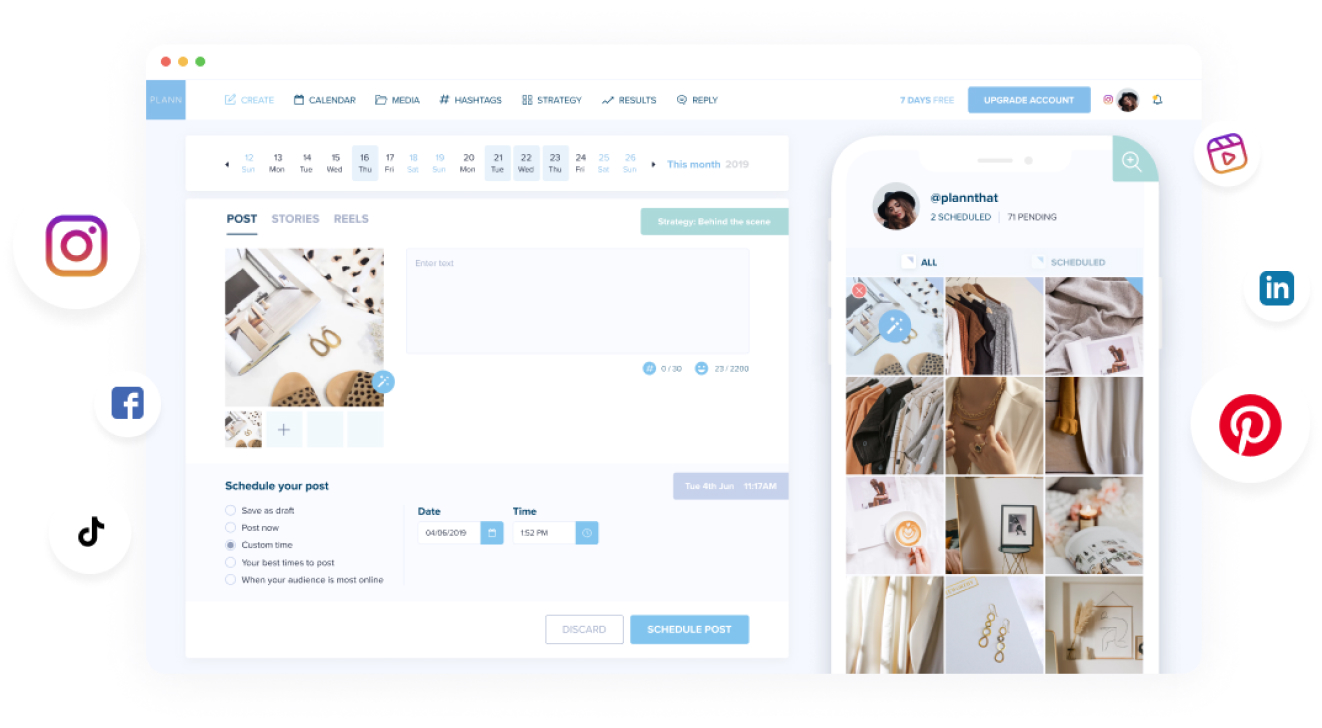 A digital workspace mockup showing a social media scheduler interface with a calendar, post scheduling options, and a mobile view of an Instagram profile, surrounded by social media icons including Instagram, LinkedIn, and Pinterest | plannthat.com