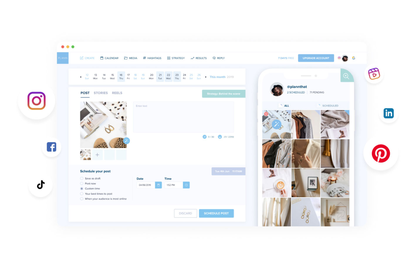 A digital workspace mockup displaying a social media scheduler tool with scheduling options, post previews, and analytics for Instagram, Facebook, LinkedIn, TikTok, and Pinterest. The design is clean and user-friendly. | plannthat.com
