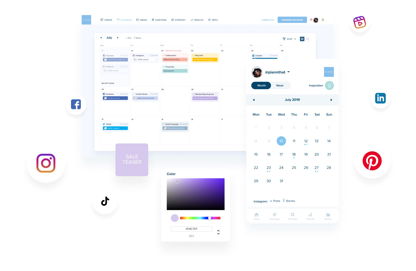 A digital workspace mockup showcasing a calendar interface with social media icons (Facebook, Instagram, TikTok, LinkedIn, Pinterest), a color palette tool, and a monthly planner, emphasizing social media scheduling and content planning features | plannthat.com