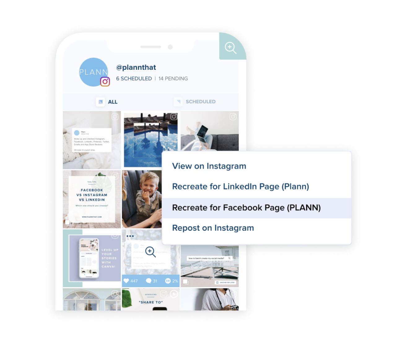 Mobile interface of social media scheduler app Plann, showing scheduled posts and options to view on Instagram, recreate for LinkedIn, Facebook, or repost on Instagram | plannthat.com