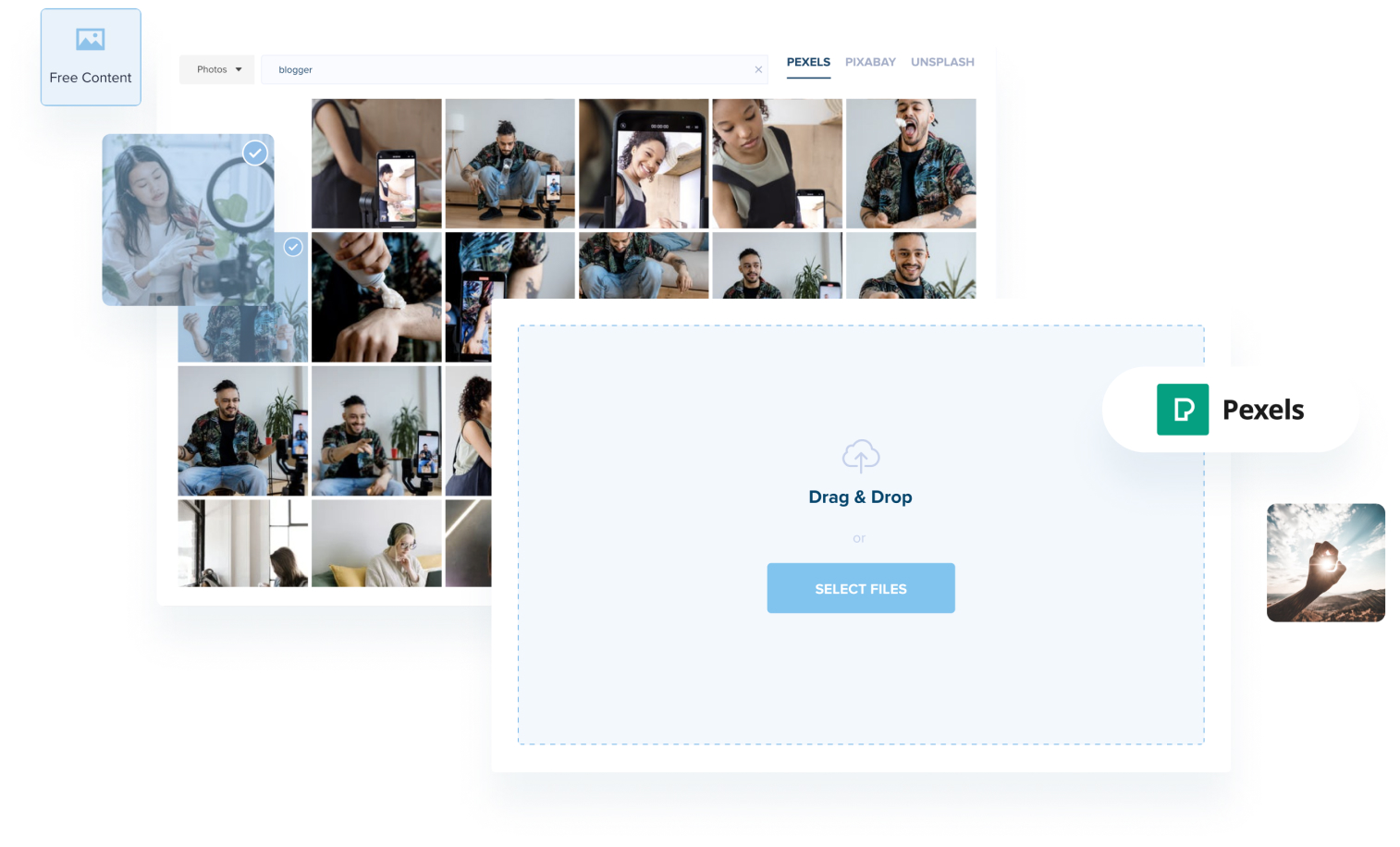 A screenshot showcasing a photo search interface with various blogger images from Pexels, featuring a drag-and-drop upload box for adding files, ideal for a social media scheduler | plannthat.com A screenshot showcasing a photo search interface with various blogger images from Pexels, featuring a drag-and-drop upload box for adding files, ideal for a social media scheduler | plannthat.com