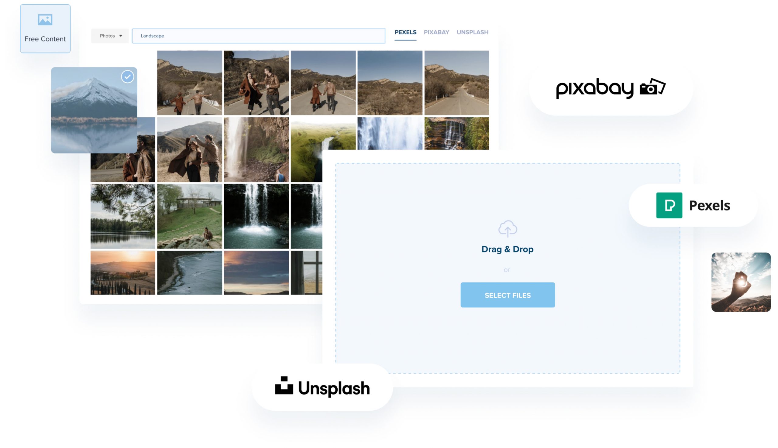 User interface displaying a photo gallery with landscape images from Pixabay, Pexels, and Unsplash, featuring a drag-and-drop area for uploading files and a search bar to filter photos, ideal for a social media scheduler | plannthat.com