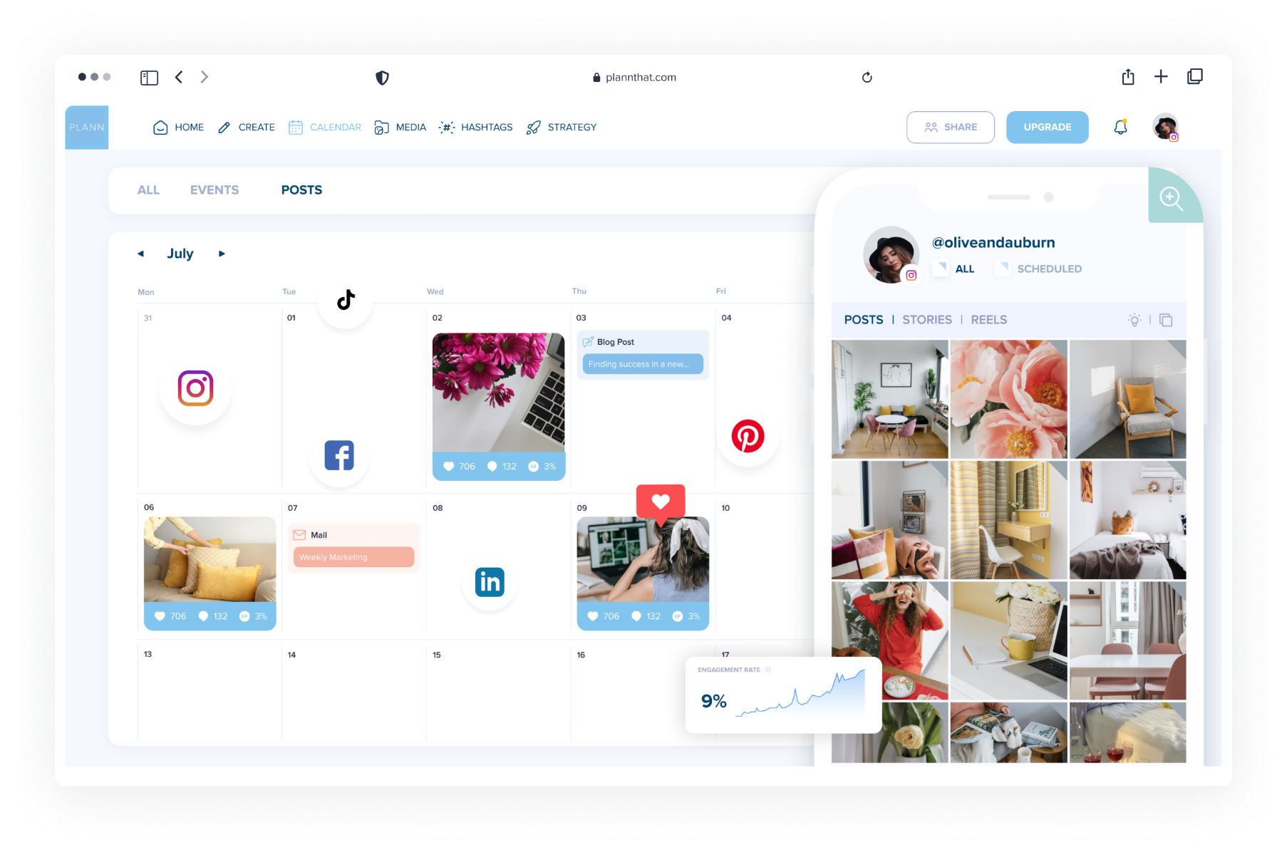 A digital content calendar interface displaying scheduled social media posts for Instagram, Facebook, and LinkedIn, with a mobile preview of a user's Instagram profile showing posts, stories, and reels. The interface includes navigation and analytics features, serving as an effective social media scheduler. | plannthat.com A digital content calendar interface displaying scheduled social media posts for Instagram, Facebook, and LinkedIn, with a mobile preview of a user's Instagram profile showing posts, stories, and reels. The interface includes navigation and analytics features, serving as an effective social media scheduler. | plannthat.com