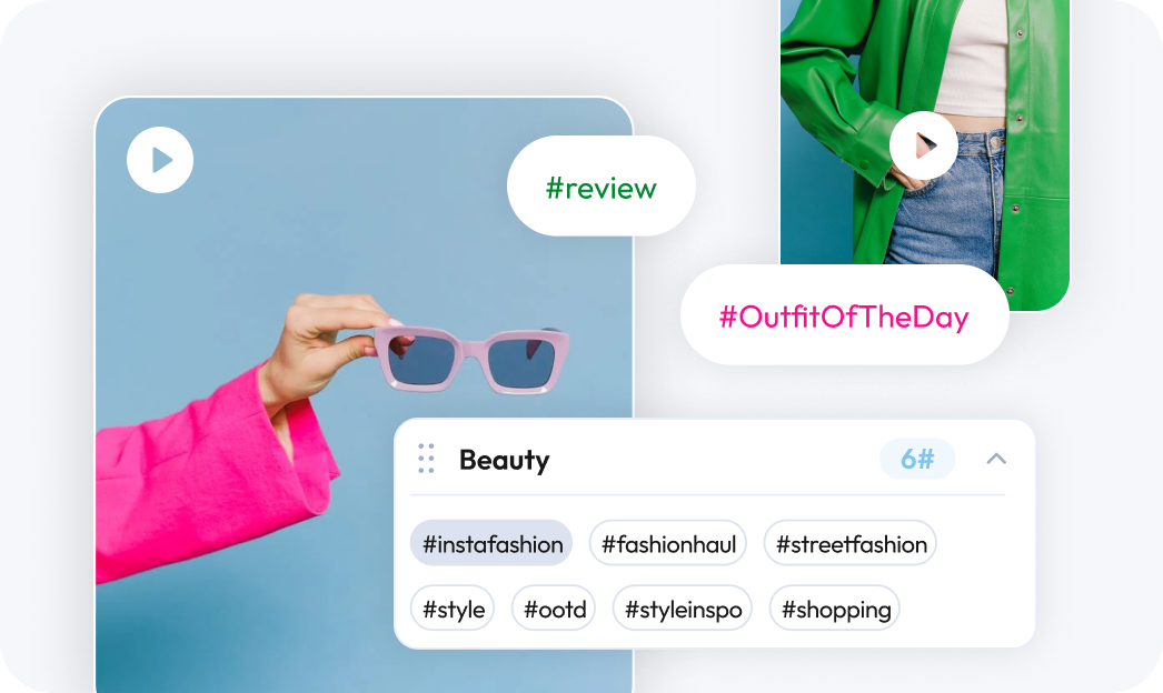 A collage featuring a hand holding pink sunglasses, a person in a green jacket and jeans, hashtags including #review and #OutfitOfTheDay, and a list of beauty-related hashtags like #instafashion and #ootd, highlighting the use of an Instagram scheduler | plannthat.com A collage featuring a hand holding pink sunglasses, a person in a green jacket and jeans, hashtags including #review and #OutfitOfTheDay, and a list of beauty-related hashtags like #instafashion and #ootd, highlighting the use of an Instagram scheduler | plannthat.com