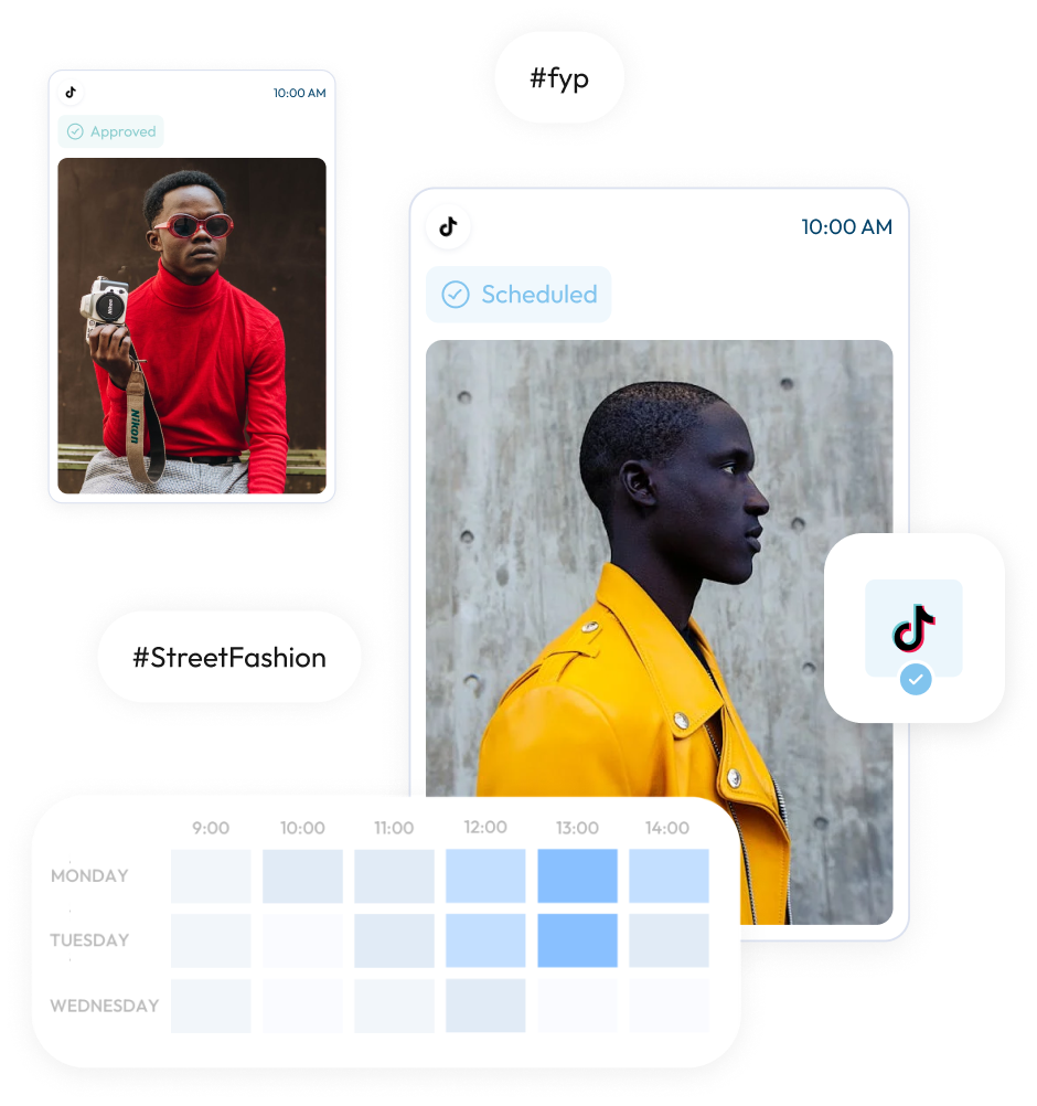 A collage showing TikTok scheduling with #StreetFashion and #fyp tags. One post is approved, featuring a person in red with a camera, and another post is scheduled, showing a person in a yellow jacket, using a social media scheduler | plannthat.com A collage showing TikTok scheduling with #StreetFashion and #fyp tags. One post is approved, featuring a person in red with a camera, and another post is scheduled, showing a person in a yellow jacket, using a social media scheduler | plannthat.com
