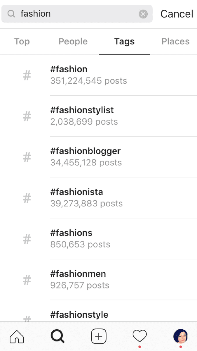 Screenshot of Instagram's search feature showing popular hashtags related to "fashion," including #fashion, #fashionstylist, #fashionblogger, and more, with the number of posts for each hashtag displayed. The interface includes tabs for Top, People, Tags, and Places, useful for any social media planner | plannthat.com