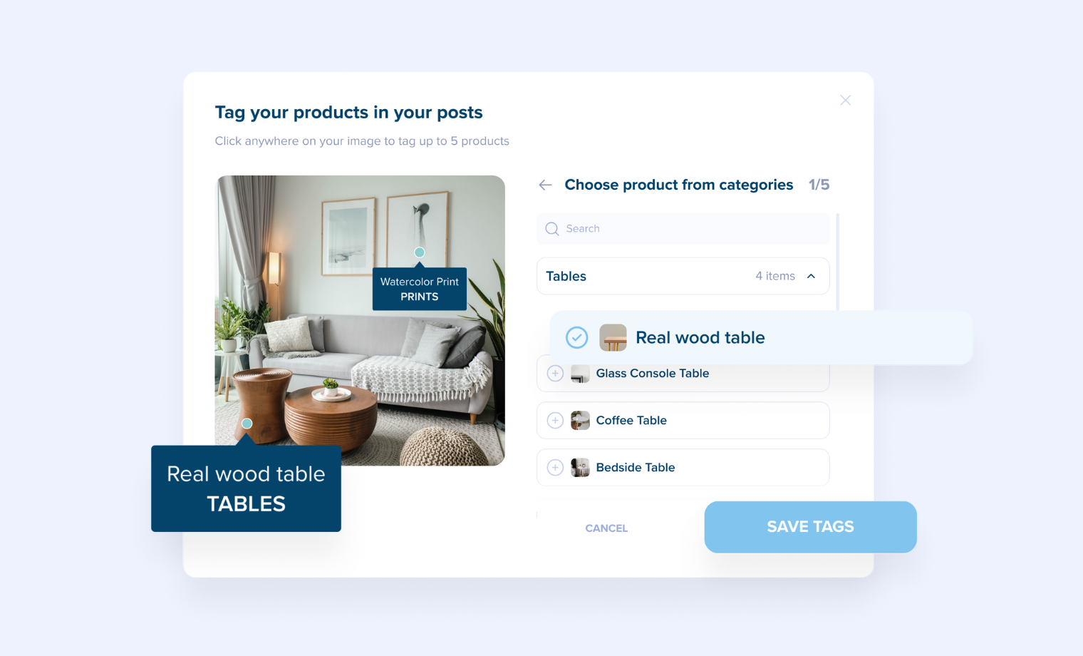 Interface for tagging products in a post, displaying a living room with tags for watercolor prints and a real wood table. Product tagging options are visible on the right, enhancing the social media scheduler experience | plannthat.com