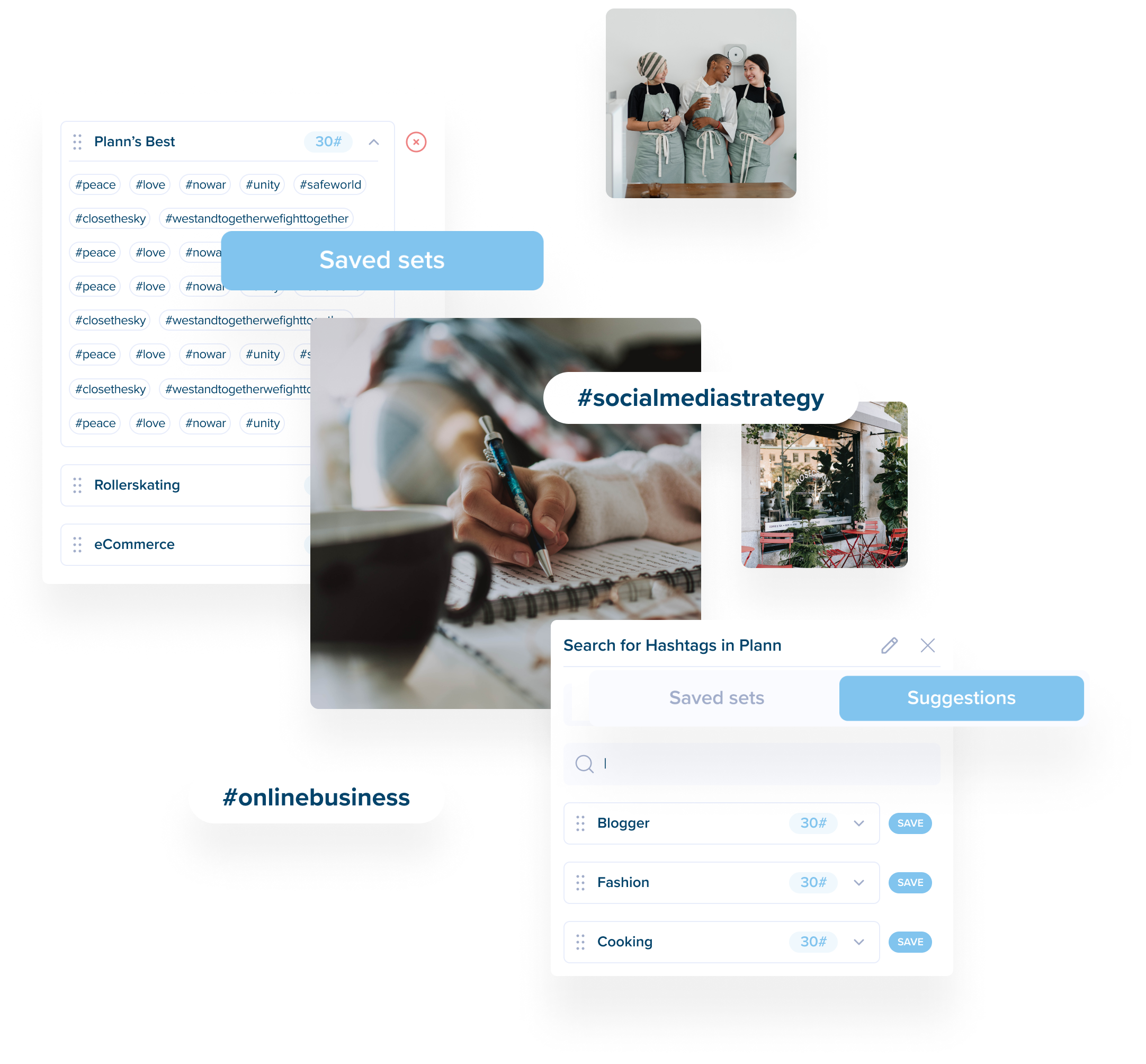 A collage of images and text showing a social media planner tool, featuring saved hashtag sets, a search bar for hashtags, and various hashtag suggestions like #socialmediastrategy and #onlinebusiness. People are seen collaborating and writing | plannthat.com